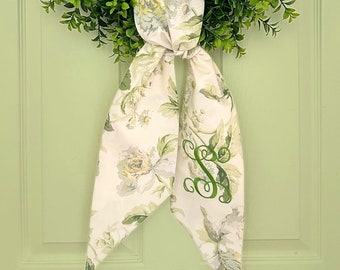 Monogram floral chinoiserie wreath sash for front door, personalized embroidered spring Easter wreath sash, custom wedding & shower gift