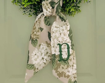 Monogram fall green floral chinoiserie wreath sash for front door, personalized embroidered autumn wreath sash, custom wedding shower gift
