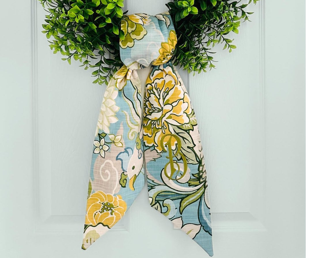 2-Pack Chinoiserie Wreath Sash For Front Door – Embroidered Monogram Letter S, Pretty Blue Floral Design 4 thumbnail image