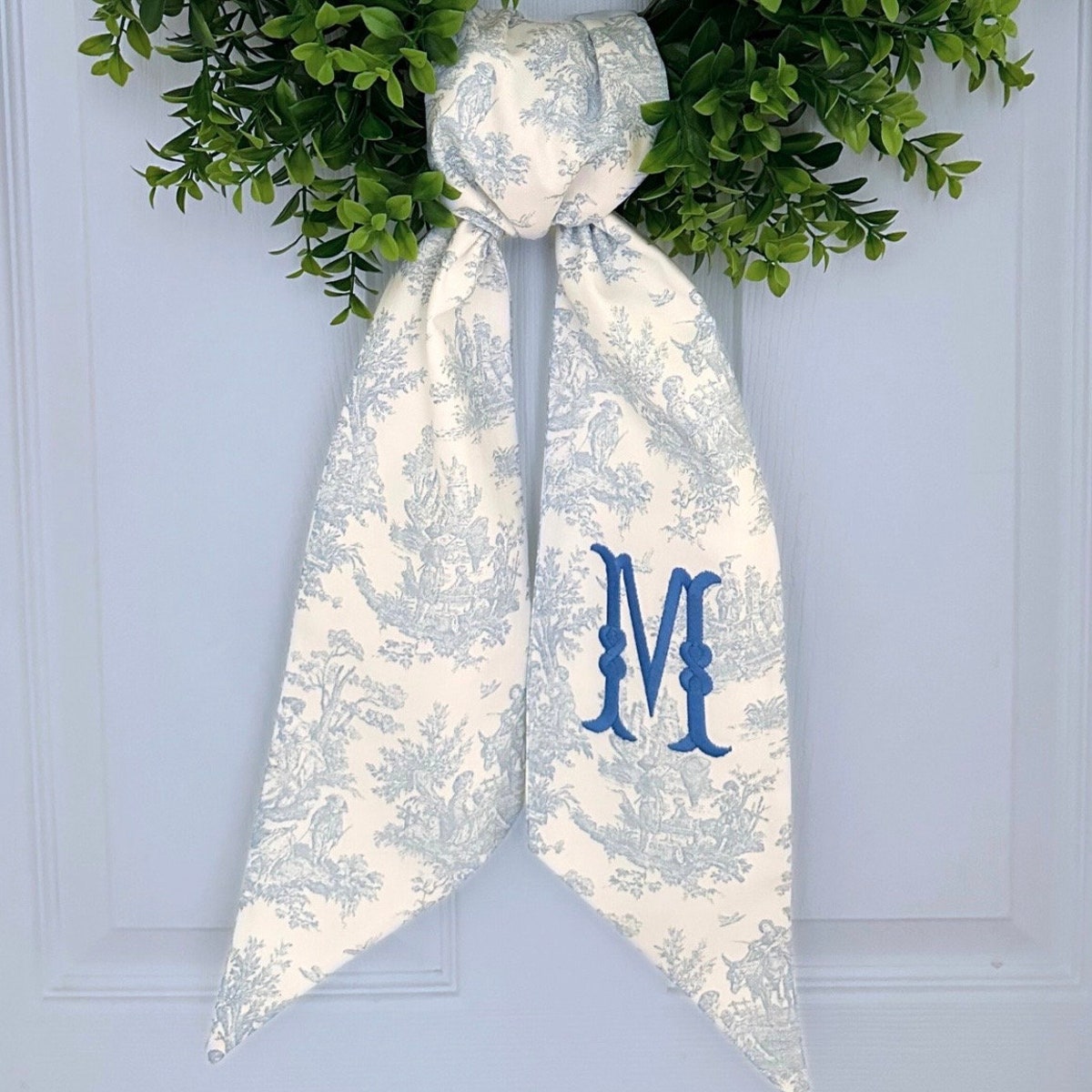 Embroidered Monogram Chinoiserie Wreath for Front Door