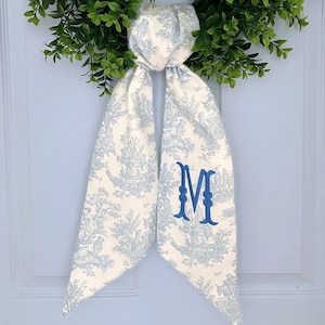 Monogram chinoiserie wreath sash for front door, personalized embroidered spring Easter wreath sash, custom wedding and bridal shower gift