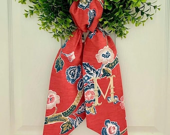 Fall floral monogrammed wreath sash for front door, personalized embroidered red autumn wreath sash, custom wedding & bridal shower gift