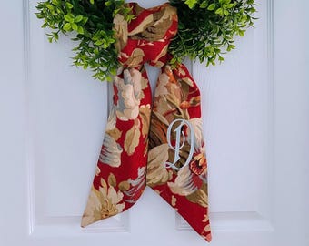 Fall chinoiserie floral monogram wreath sash for front door, personalized autumn embroidered wreath sash, custom holiday wedding bridal gift