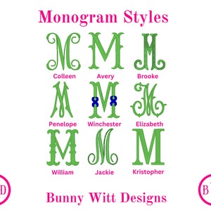 May include: Monogram Styles: A chart showing nine different monogram styles with the names Colleen, Avery, Brooke, Penelope, Winchester, Elizabeth, William, Jackie, and Kristopher below each style. The chart is surrounded by a pink border and the words "Bunny Witt Designs" are written in pink below the chart.