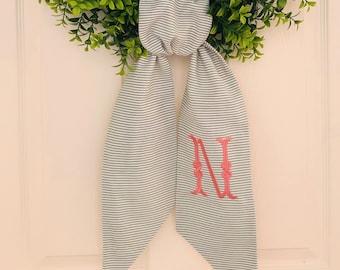 Fall khaki tan classic stripe monogram wreath sash for front door, personalized embroidered autumn wreath sash, custom wedding shower gift