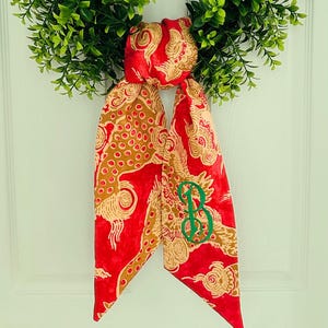 Christmas Chinoiserie red gold monogram wreath sash for front door, personalized embroidered holiday wreath sash, custom wedding shower gift