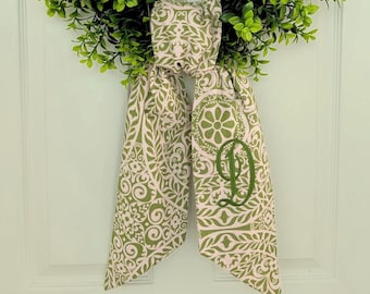 Monogram fall green floral chinoiserie wreath sash for front door, personalized embroidered autumn wreath sash, custom wedding & shower gift