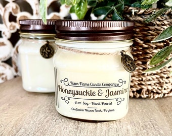 Honeysuckle & Jasmine by RisenFlame (Rustic Mason Jar Soy Candles), Floral Soy Candles