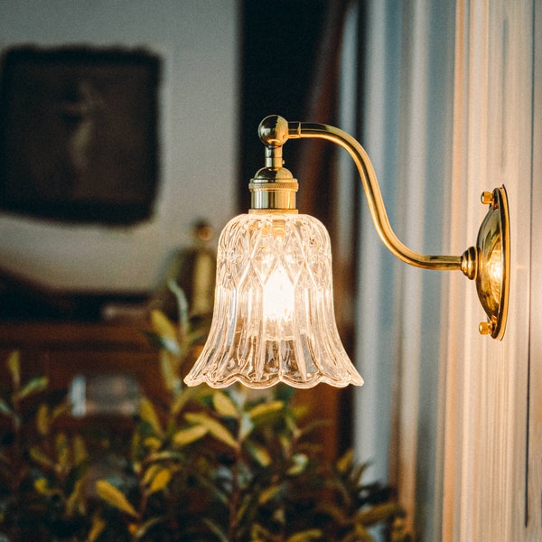 Vintage Glass Flower Wall Light with Brass Base