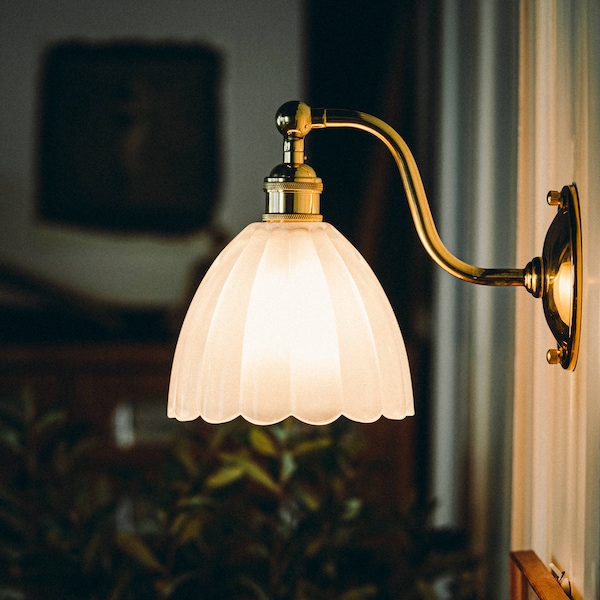 Vintage Matte Glass Flower Wall Light with Brass Base