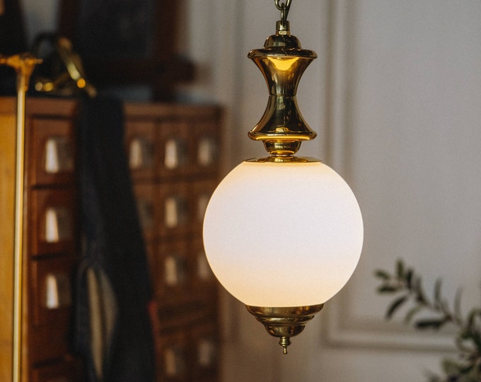Vintage Matte White Glass Globe Pendant Light With Brass Hardware Etsy