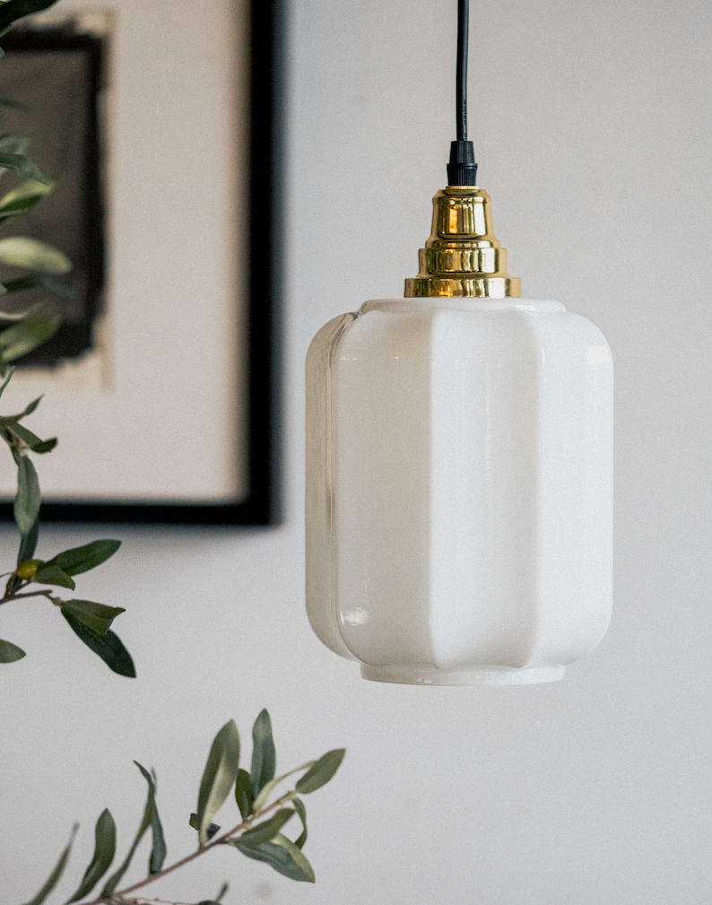 Vintage White Glass Lantern Shape Pendant Light image 2