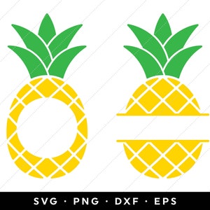 May include: Two pineapple designs, one with a circle in the middle and the other with a horizontal rectangle in the middle. Both pineapples are yellow with green leaves.