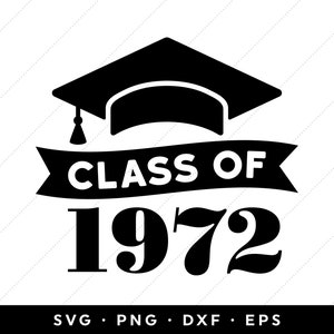 May include: Black and white silhouette of a graduation cap with a banner that reads "Class of 1972".