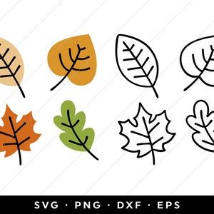 Puede incluir: Se muestran ocho ilustraciones de hojas estilizadas, con varios colores y contornos. Las hojas incluyen tonos de beige, naranja y verde, con contornos negros. La parte inferior de la imagen muestra el texto "SVG • PNG • DXF • EPS."