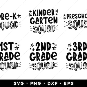 Puede incluir: Dise&ntilde;o gr&aacute;fico de texto en blanco y negro con las palabras "Pre-K Squad", "Kindergarten Squad", "Preschool Squad", "1st Grade Squad", "2nd Grade Squad" y "3rd Grade Squad".