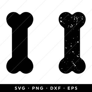 May include: Two black dog bone illustrations. One is a solid silhouette, and the other has a distressed, textured appearance. The bottom of the image contains the text "SVG • PNG • DXF • EPS".