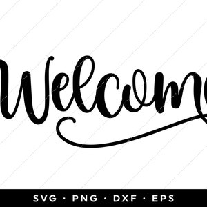 Puede incluir: Un diseño de fuente cursiva en blanco y negro que dice "Bienvenido".