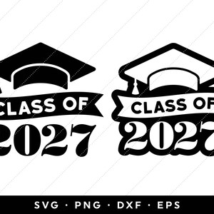 May include: Black and white graphic design of two graduation caps with the text "Class of 2027" underneath each cap.