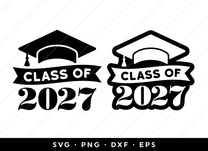 May include: Black and white graphic design of two graduation caps with the text "Class of 2027" underneath each cap.
