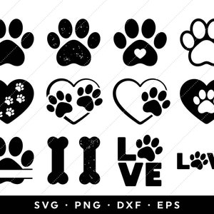 Paw Print SVG Bundle, Dog Cat Paw SVG, Animal Pet Split Paw Monogram SVG, Heart Love Paw Decal, Téléchargement instantané, Modèle, Fichiers coupés