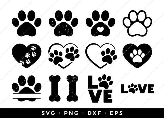 Paw Print SVG Bundle, Dog Cat Paw SVG, Animal Pet Split Paw Monogram SVG, Heart Love Paw Decal, Instant Download, Template, Cut Files