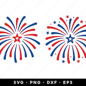 May include: Two red, white, and blue firework designs with a star in the center. The fireworks are stylized and have a simple design.