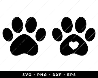 Impression de patte SVG, coeur empreinte de patte SVG, empreinte de patte PNG, svg patte de chien, patte de chat svg, modèle, téléchargement immédiat, couper des fichiers, Silhouette
