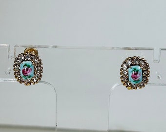 Vintage Vargas Rose on Blue Guilloche Screw Back Earrings