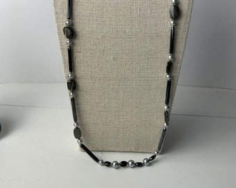 Vintage Miriam Haskell 30 inch Black Glass Bead, Faux Pearl, and Mother of Pearl Necklace