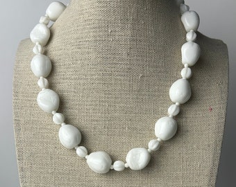 Vintage Miriam Haskell Textured Milk Glass Beaded Necklace