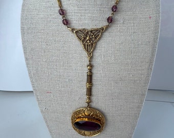 Vintage Art Deco Style Gold with Purple Glass Lariat Y Necklace