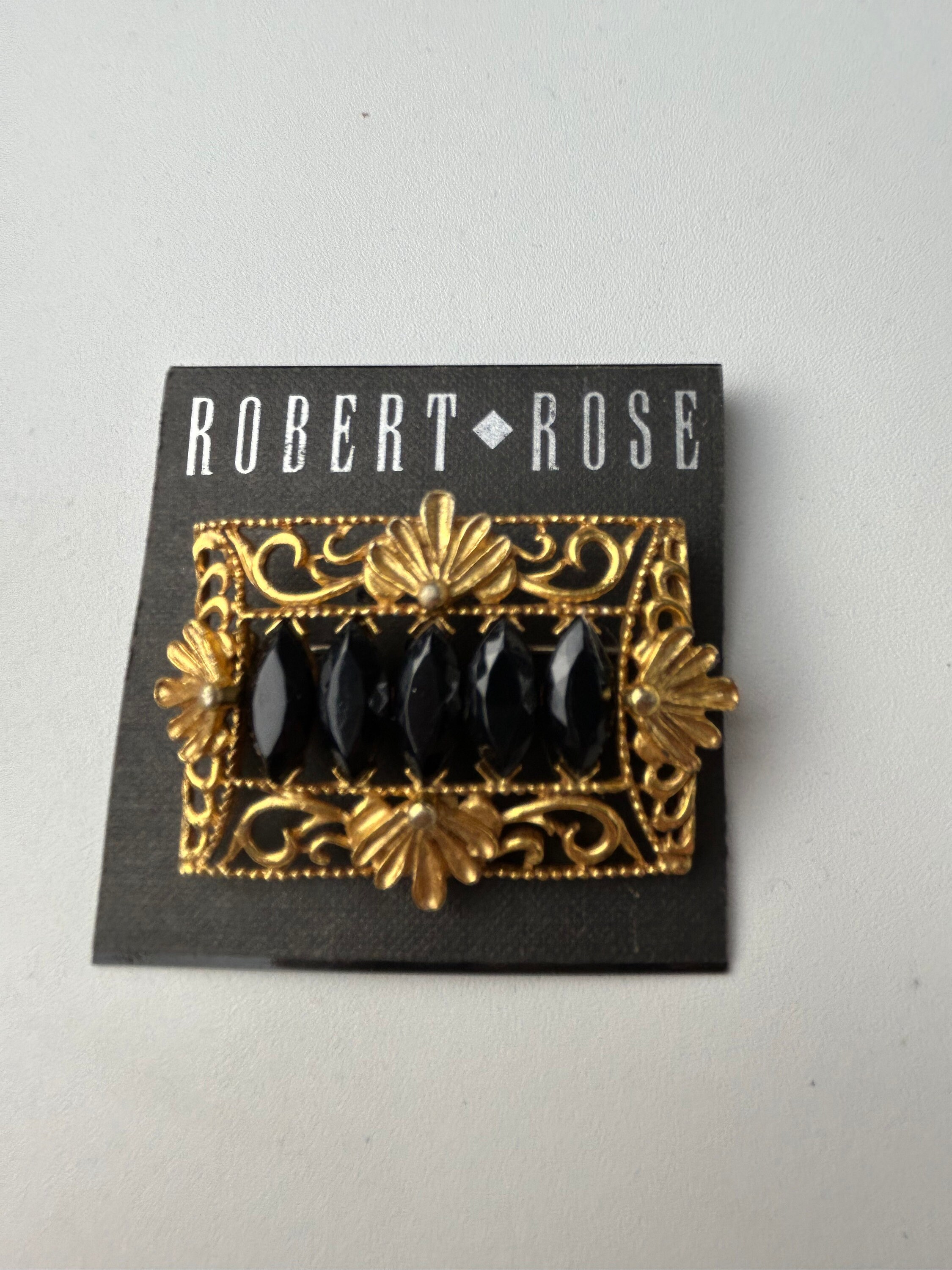 Broche Vintage Signée ROBERT ROSE - Or, Perle Et Cristal Noir - Bijou Ancien *4078