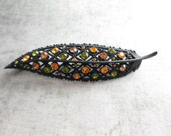 Large Vintage Black Japanned Leaf and Rhinestone Brooch