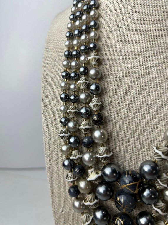 Vintage Japan Four Strand Grey and Pearl Beaded N… - image 5