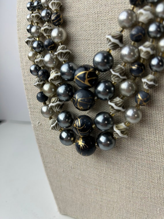 Vintage Japan Four Strand Grey and Pearl Beaded N… - image 3