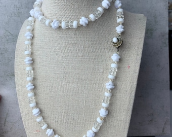 Vintage Miriam Haskell Molded White Milk Glass Long Necklace 31 inches