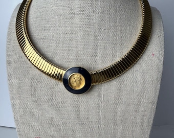 Vintage Monet Navy and Gold Coin Collar Omega Necklace