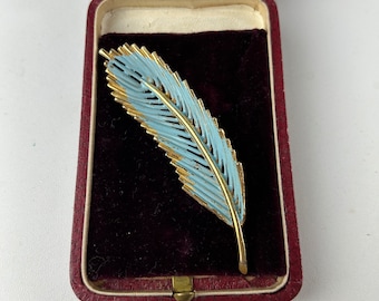 Vintage Kramer Blue Enamel on Gold Feather Brooch