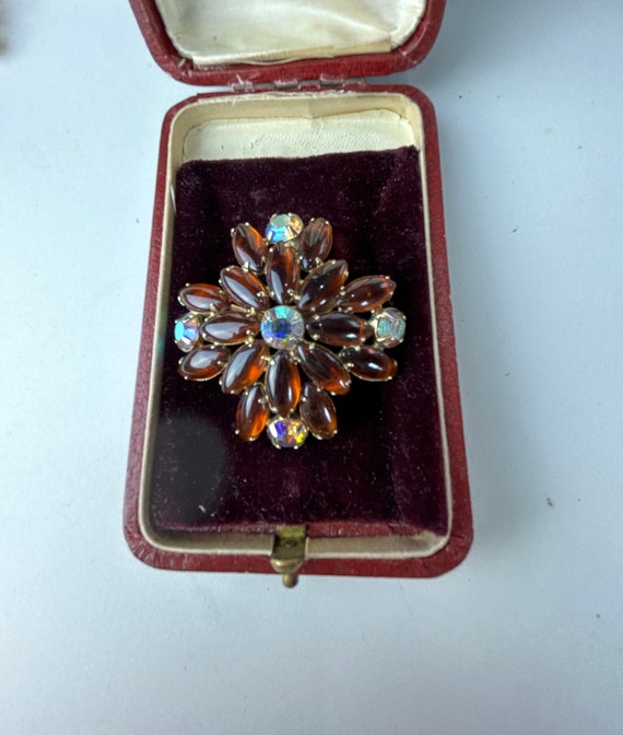 Vintage Amber Tone Glass and Auora Borealis Brooch