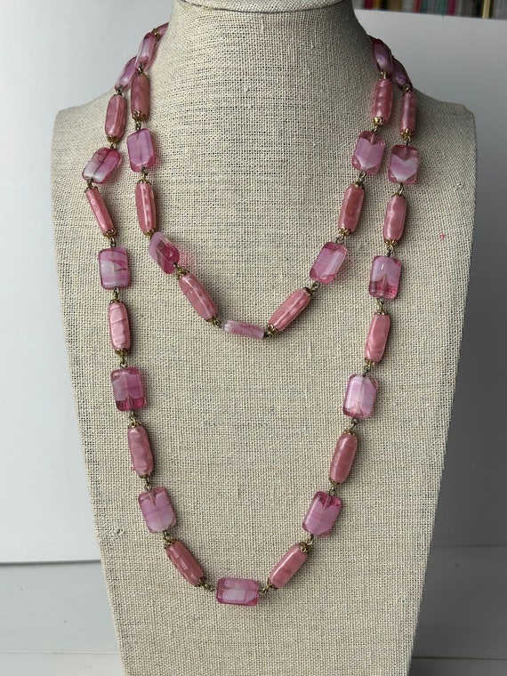 Beautiful Vintage Pink Givre Glass Long Necklace