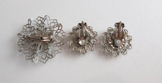 Vintage Silver Filagree Flower Brooch and Earring… - image 3