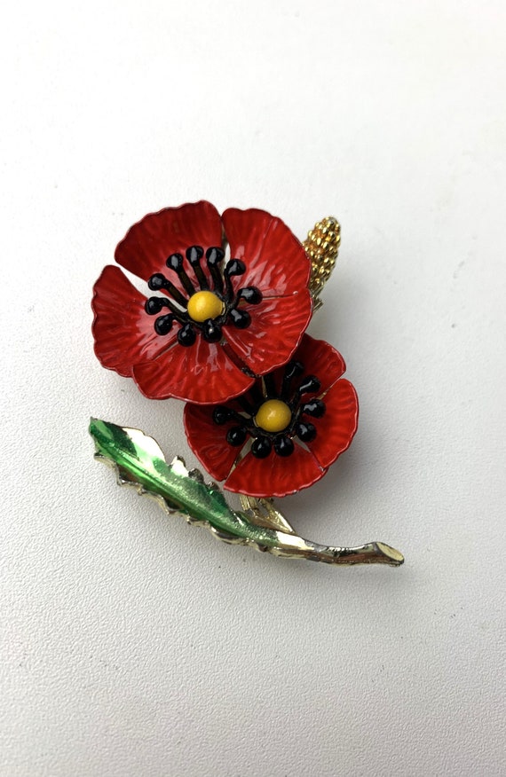 Vintage Two Red Poppies Enamel Brooch