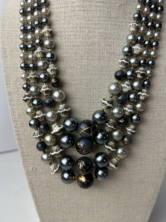 Vintage Japan Four Strand Grey and Pearl Beaded N… - image 2