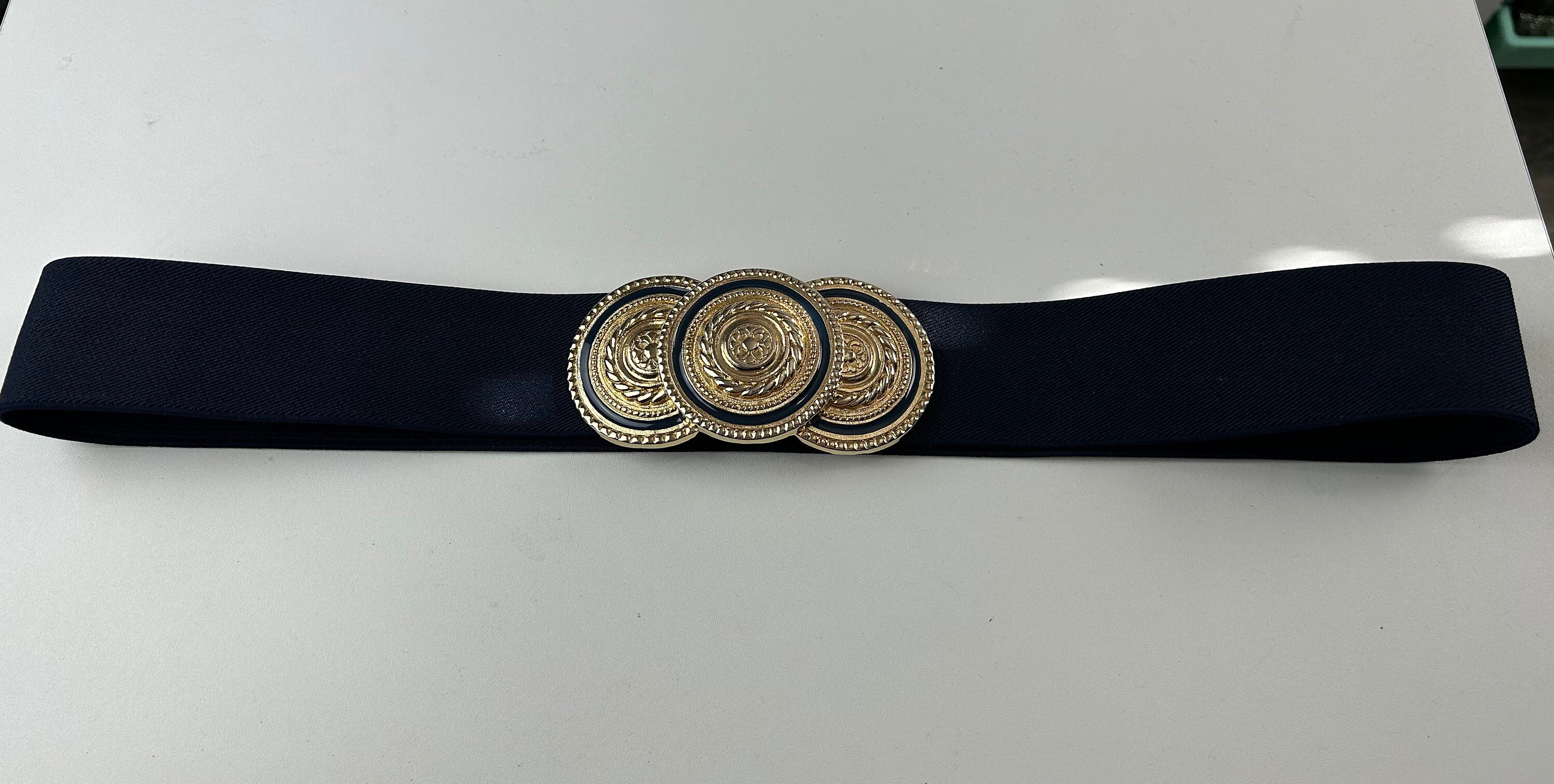 Nani Lewis Blue Large Gold Buckle Elastic Belt & Swan Buckle Vintage GB 25mm Navy Blue Ladies Elasticated Stretch Belt With Gold  main image 4