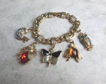 Vintage Owl, Bird, Butterfly, and Bug Gold Tone Charm Bracelet