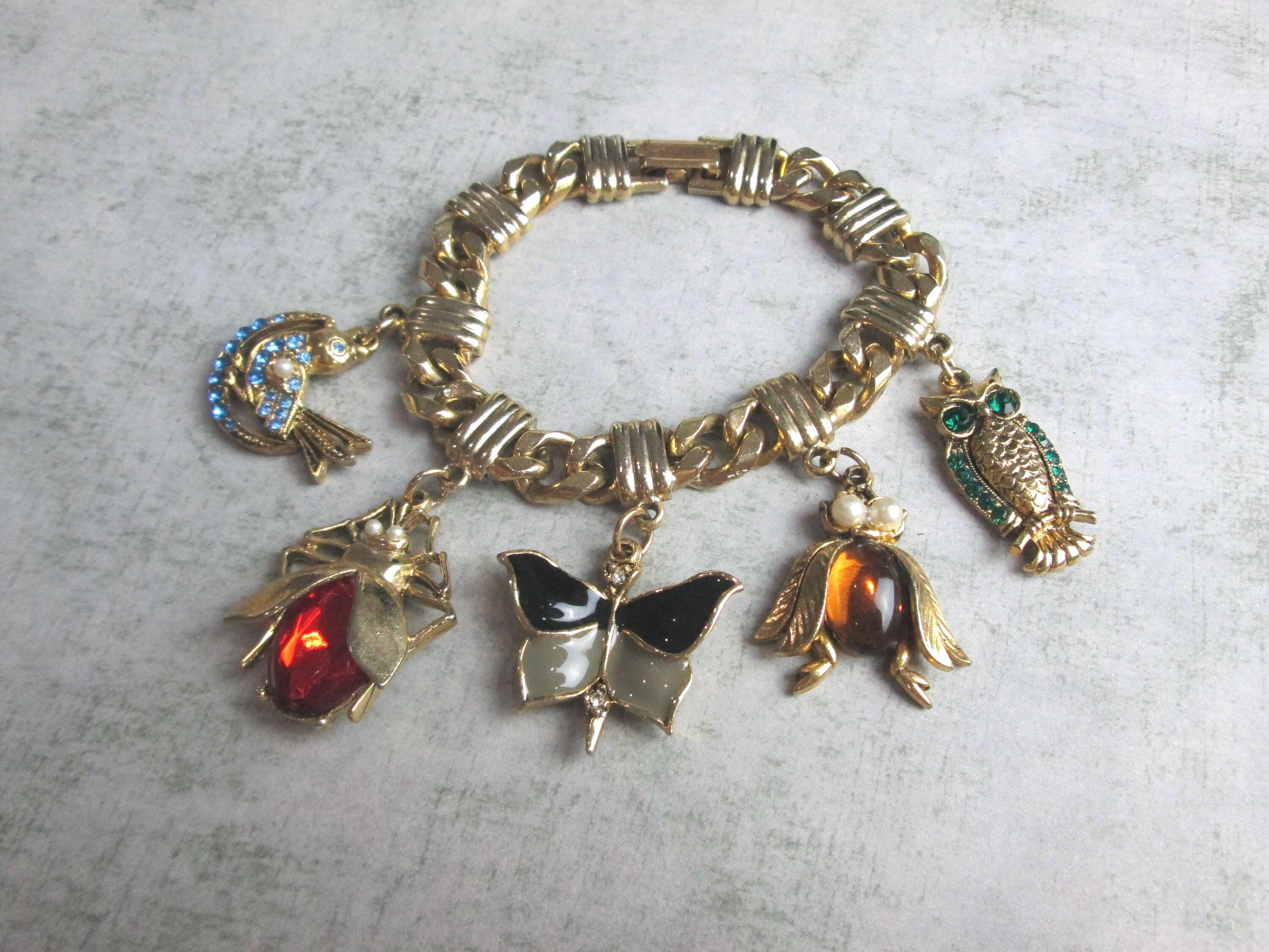 Vintage Owl, Bird, Butterfly, and Bug Gold Tone Charm Bracelet