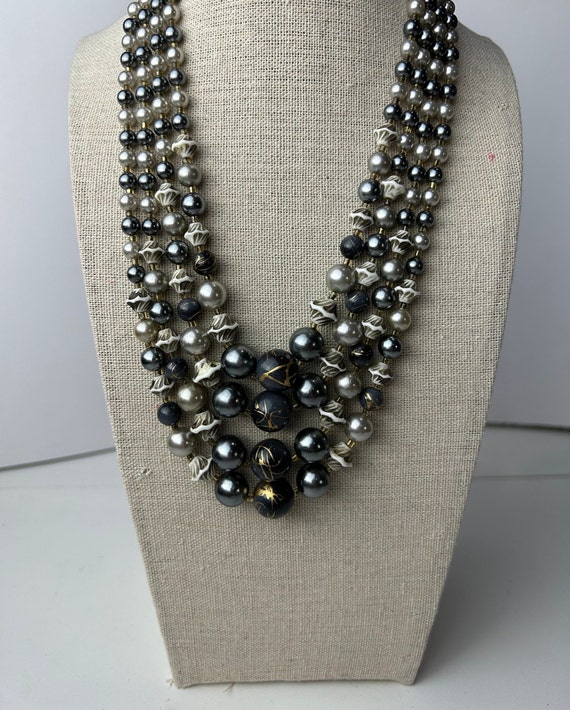 Vintage Japan Four Strand Grey and Pearl Beaded N… - image 1