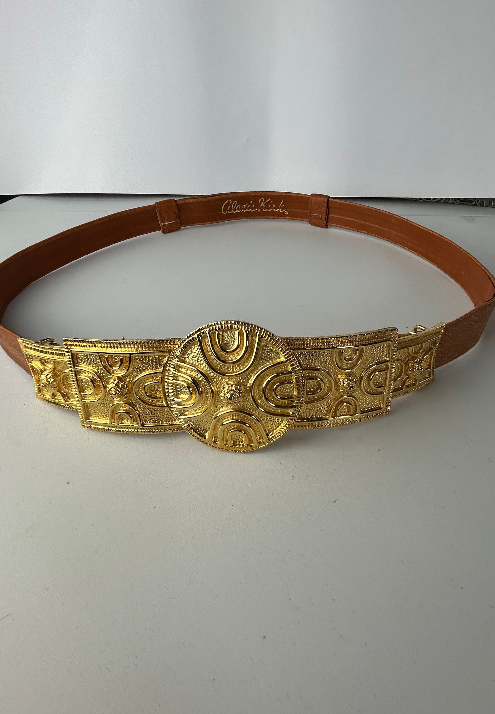 Vintage Alexis Kirk Large Gold Tone Etruscan Style Belt 