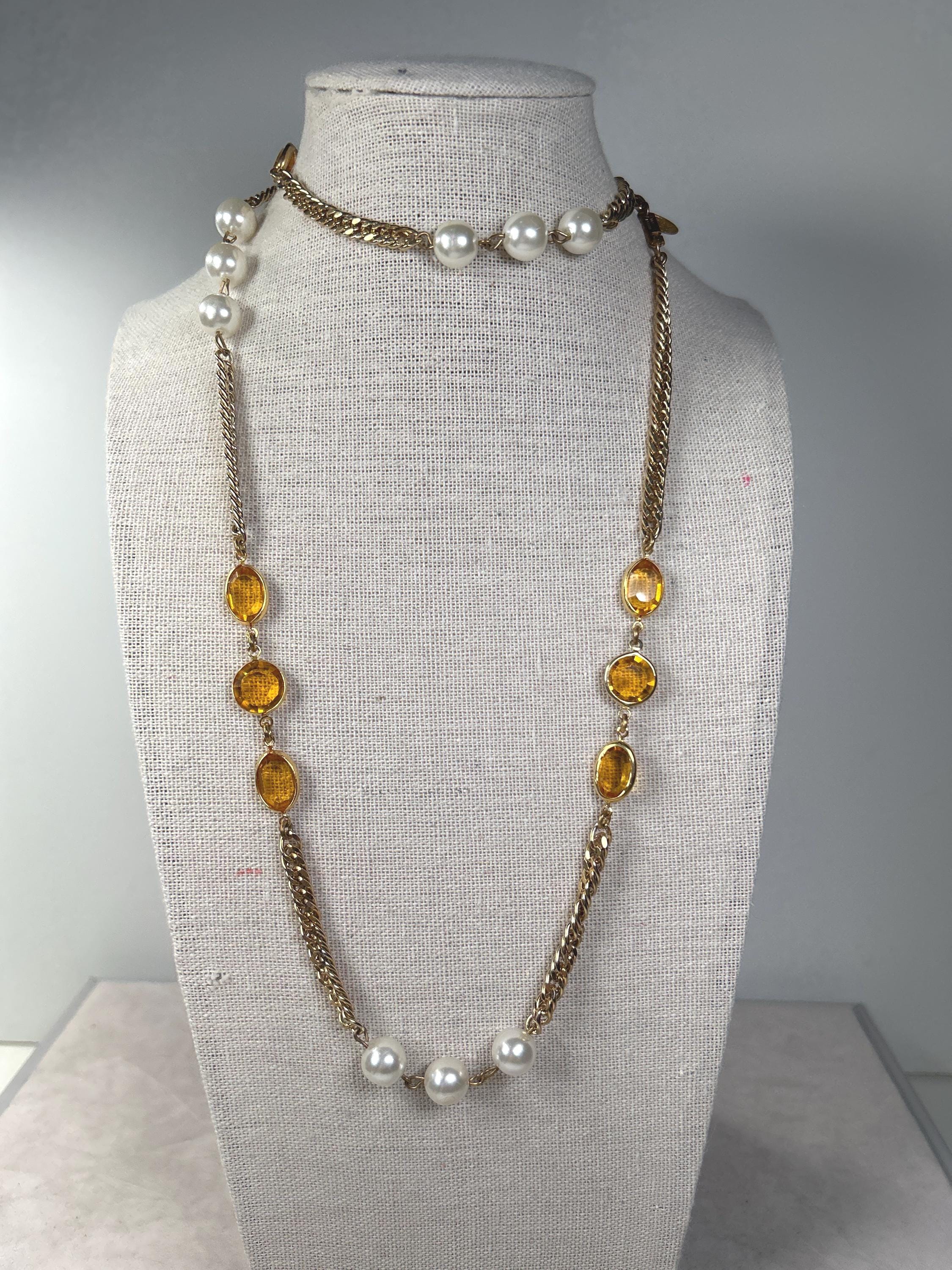 Vintage Miriam Haskell 30 Inch Beaded Amber Bezel and Faux Pearl